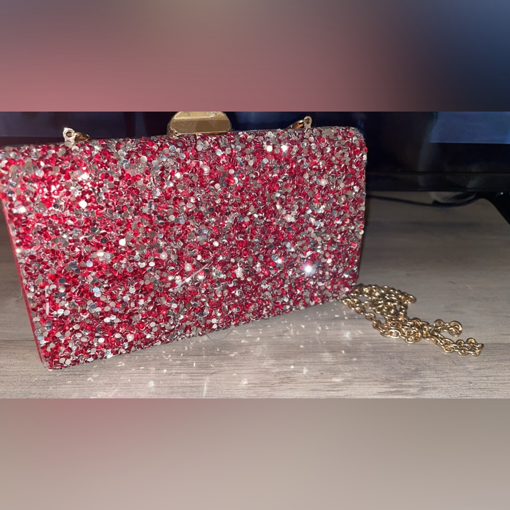 Red bedazzled purse with chain strap